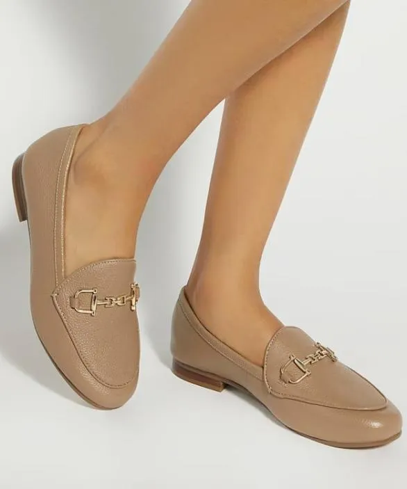 Dune London Wide Fit Shoes Women Glair Caramel Almond Toe Buckle Detail Loafers Neutral