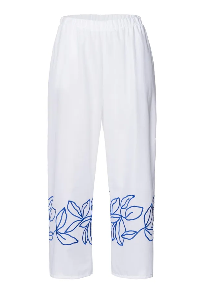 Embroidered Cotton Cropped Pants White Women HANRO Pajama Bottoms