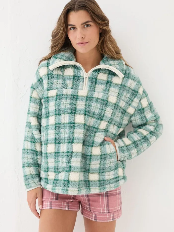 Fat Face Coats and Jackets Green Check Borg Half Zip Fleece 8211 Women