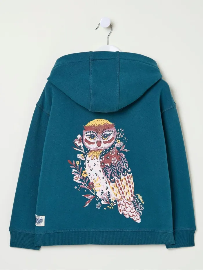 Fat Face Sweatshirts and Hoodies Dark Teal Blue Owl Zip Through Hoodie 8211 Kids