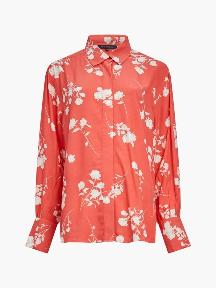 French Connection Alessandra Eco Delphine Long Sleeve Shirt Cayenne Redwhite Women Tops