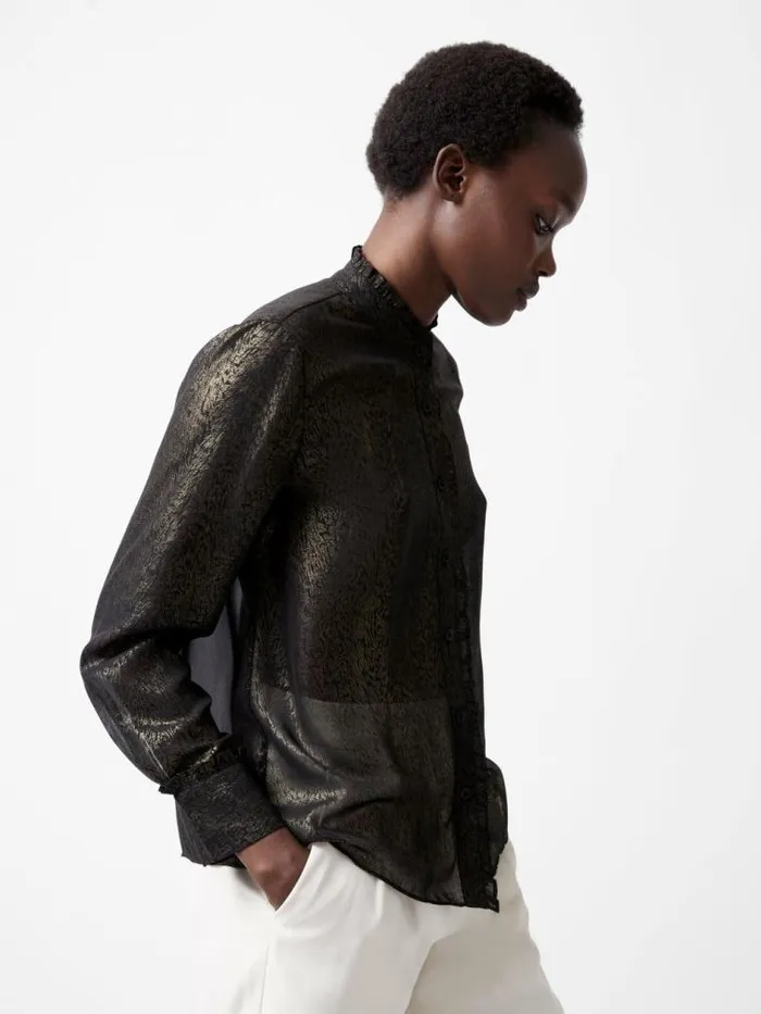 French Connection Alina Foil Georgette Frill Long Sleeve Top Blackbronze Women Tops French Connection Alina Foil Georgette Frill Long Sleeve Top Blackbronze Women Tops