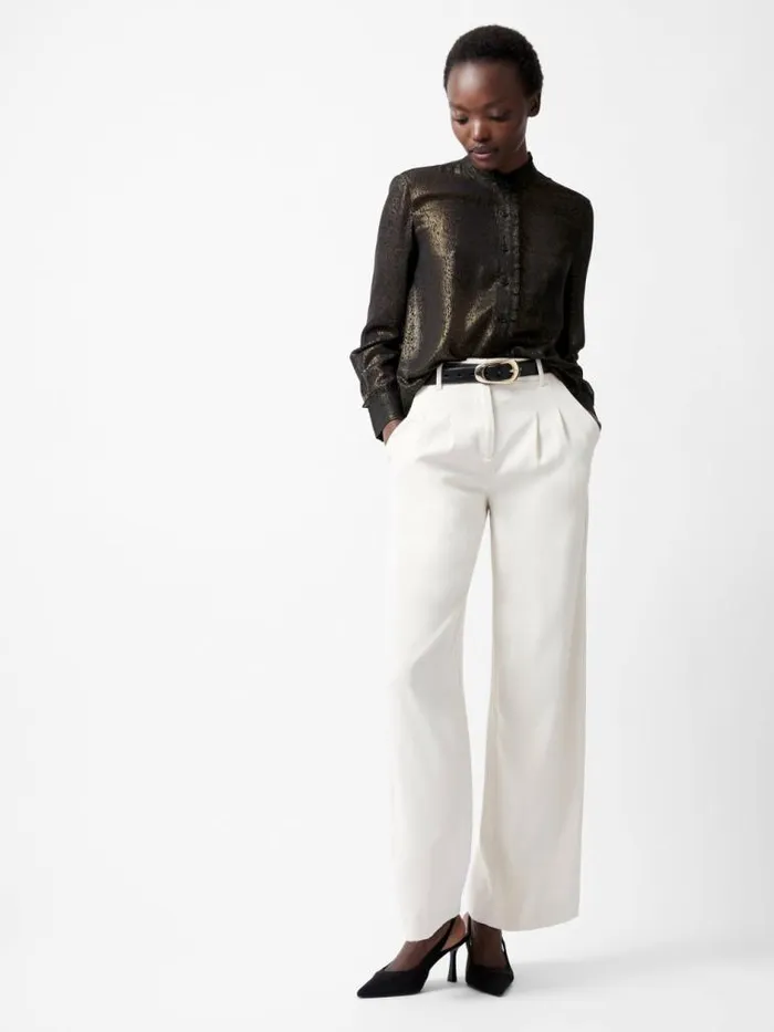 French Connection Alina Foil Georgette Frill Long Sleeve Top Blackbronze Women Tops