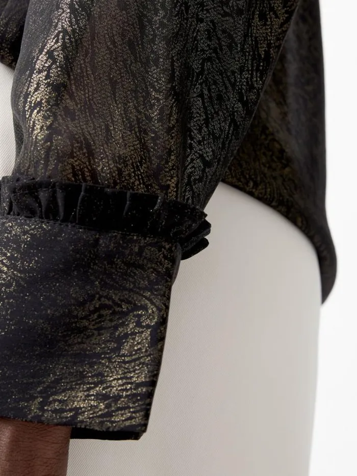 French Connection Alina Foil Georgette Frill Long Sleeve Top Blackbronze Women Tops