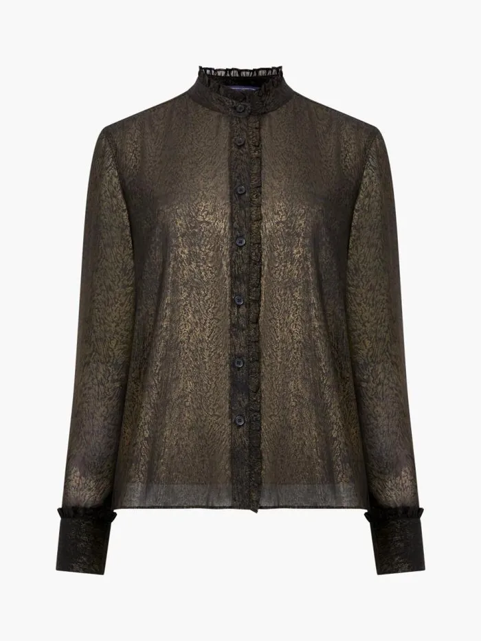 French Connection Alina Foil Georgette Frill Long Sleeve Top Blackbronze Women Tops