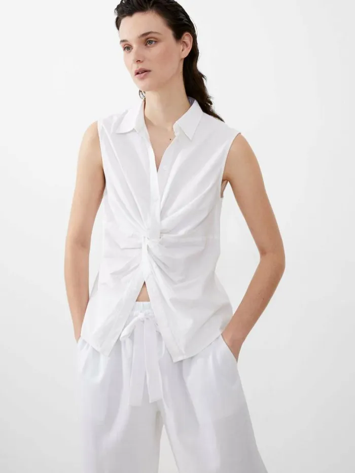 French Connection Aofie Linen Twist Front Shirt Summer White Women Tops