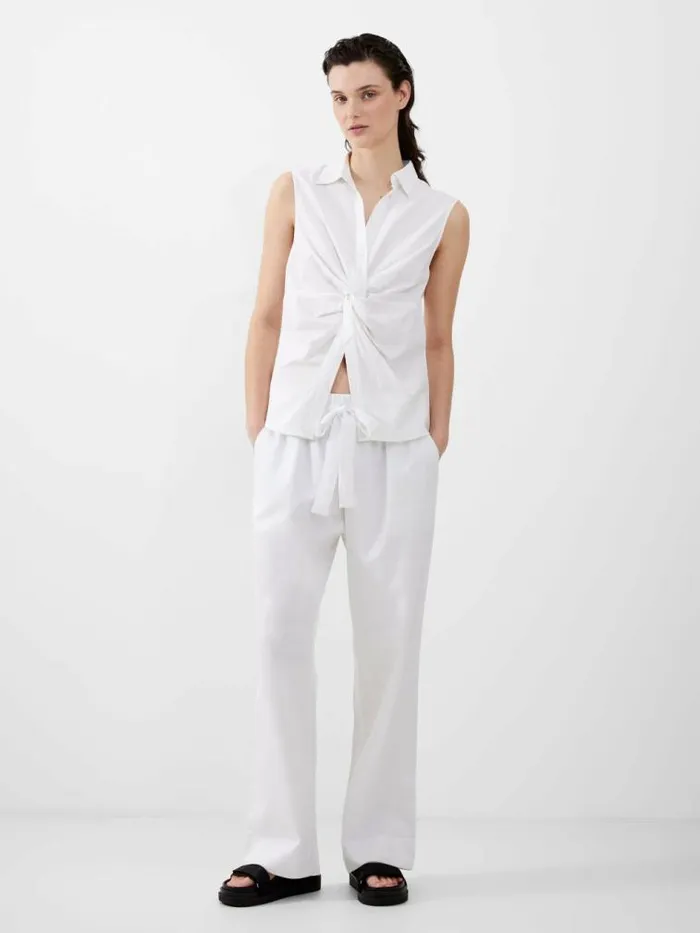 French Connection Aofie Linen Twist Front Shirt Summer White Women Tops
