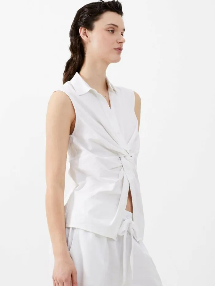 French Connection Aofie Linen Twist Front Shirt Summer White Women Tops