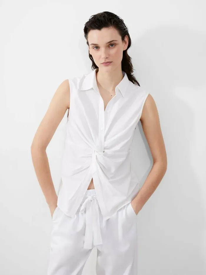 French Connection Aofie Linen Twist Front Shirt Summer White Women Tops