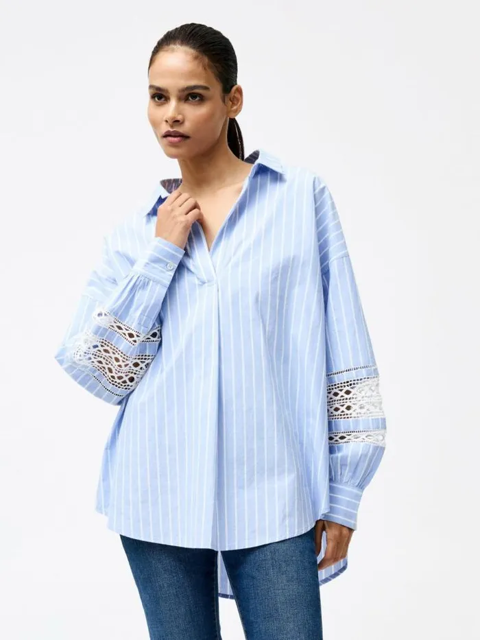 French Connection Cambria Cotton Stripe Embroidered Popover Shirt Bluewhite Women Tops French Connection Cambria Cotton Stripe Embroidered Popover Shirt Bluewhite Women Tops