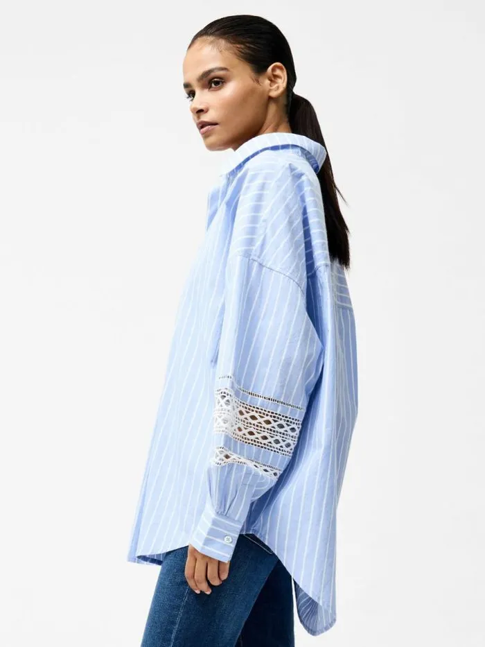 French Connection Cambria Cotton Stripe Embroidered Popover Shirt Bluewhite Women Tops