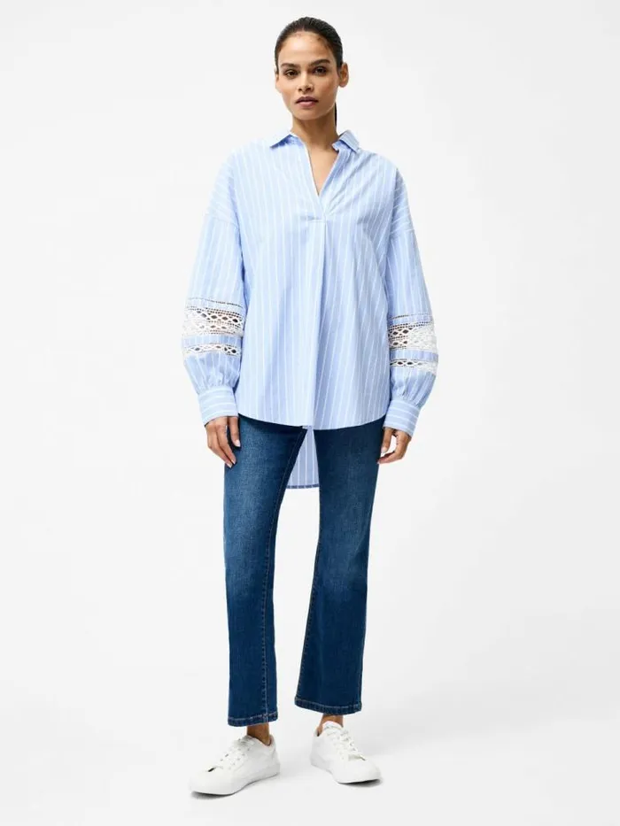 French Connection Cambria Cotton Stripe Embroidered Popover Shirt Bluewhite Women Tops
