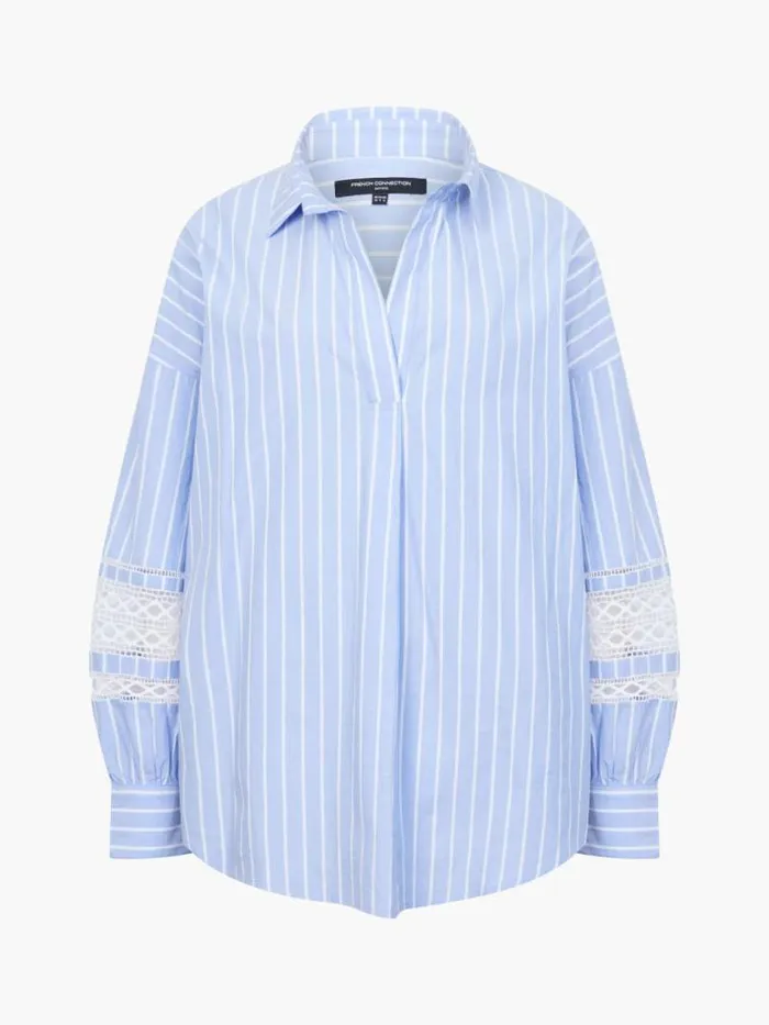 French Connection Cambria Cotton Stripe Embroidered Popover Shirt Bluewhite Women Tops