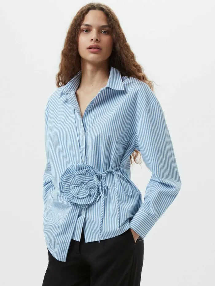 French Connection Cambria Cotton Striped Corsage Shirt Bluewhite Women Tops