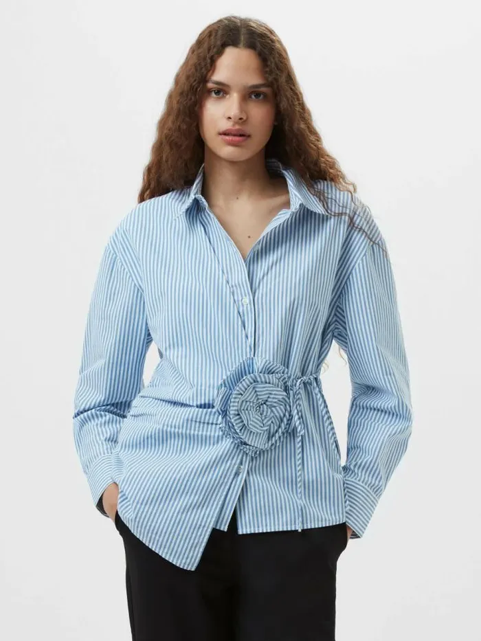 French Connection Cambria Cotton Striped Corsage Shirt Bluewhite Women Tops