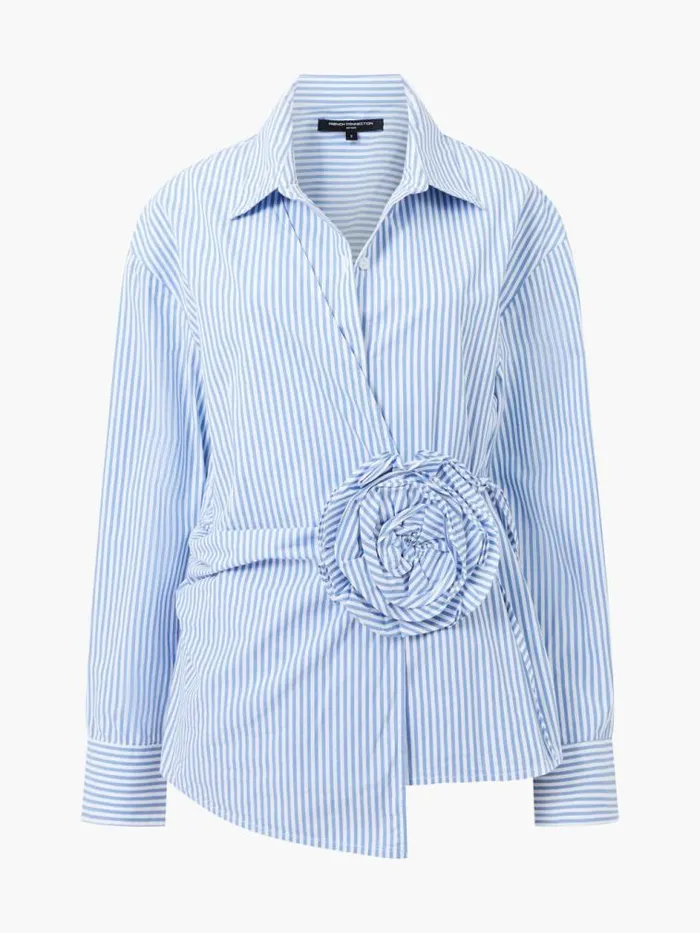 French Connection Cambria Cotton Striped Corsage Shirt Bluewhite Women Tops