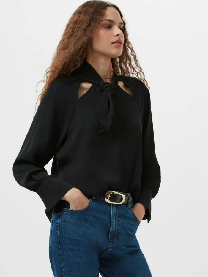 French Connection Carmen Recycled Crepe Tie Blouse Blackout Women Tops