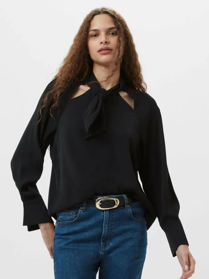 French Connection Carmen Recycled Crepe Tie Blouse Blackout Women Tops