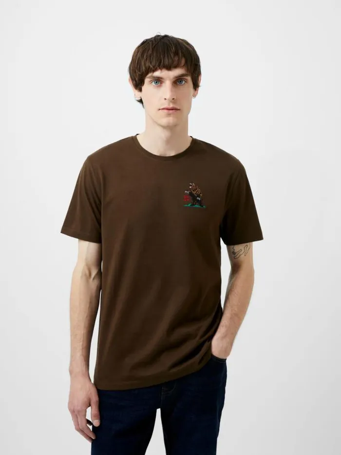 French Connection Embroidered Bear Organic Graphic TShirt Truffle Brown Men TShirts and Polo Shirts
