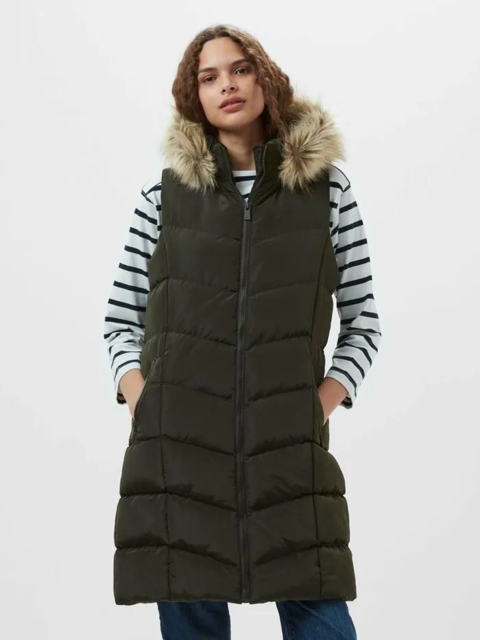 French Connection Faux Fur Hooded Chevron Gilet Khaki Women Coats and Jackets French Connection Faux Fur Hooded Chevron Gilet Khaki Women Coats and Jackets