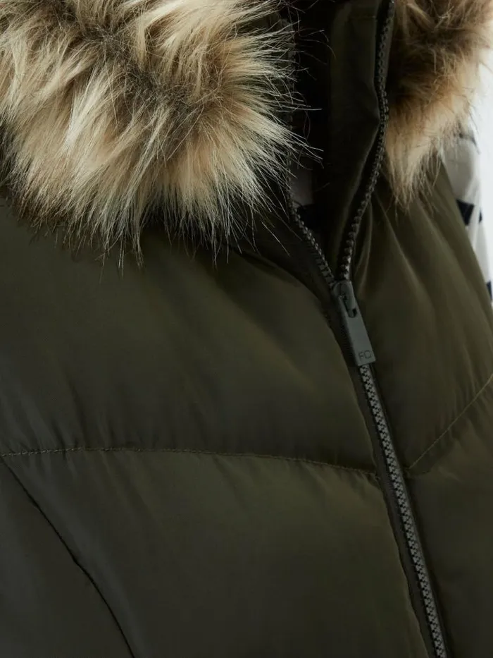 French Connection Faux Fur Hooded Chevron Gilet Khaki Women Coats and Jackets