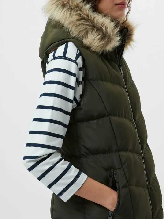 French Connection Faux Fur Hooded Chevron Gilet Khaki Women Coats and Jackets