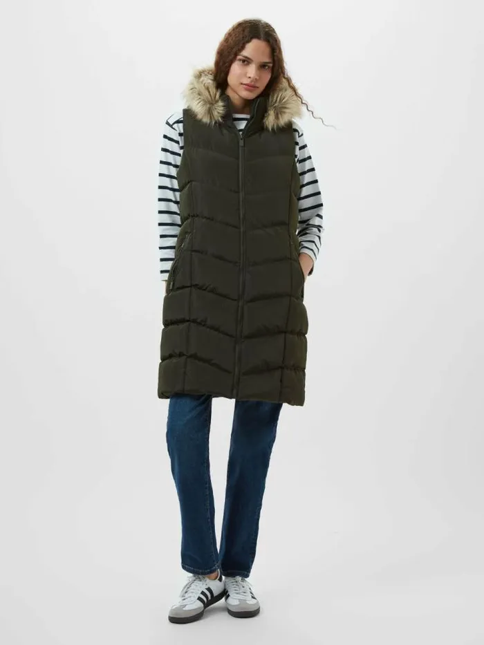 French Connection Faux Fur Hooded Chevron Gilet Khaki Women Coats and Jackets