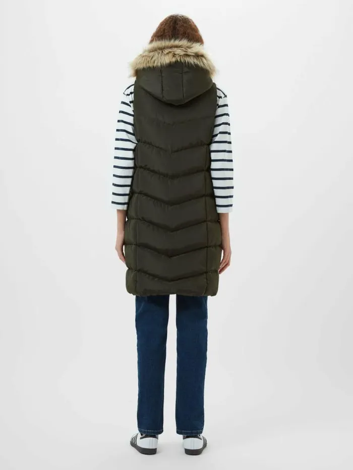French Connection Faux Fur Hooded Chevron Gilet Khaki Women Coats and Jackets