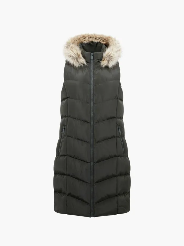 French Connection Faux Fur Hooded Chevron Gilet Khaki Women Coats and Jackets