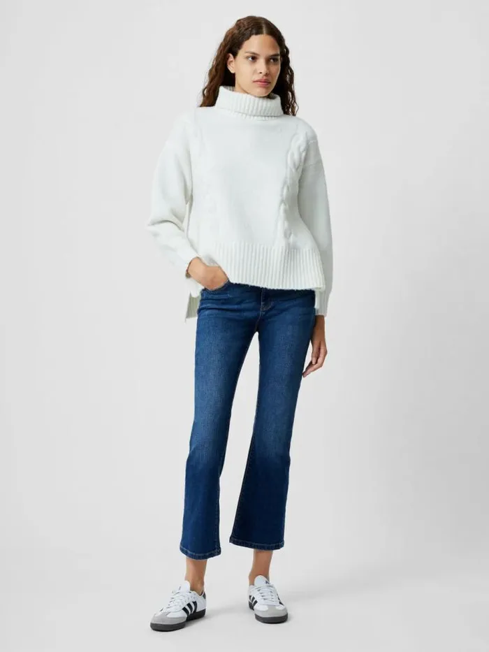 French Connection Funnel Neck Stepped Hem Cable Knit Jumper Winter White Women Jumpers and Cardigans