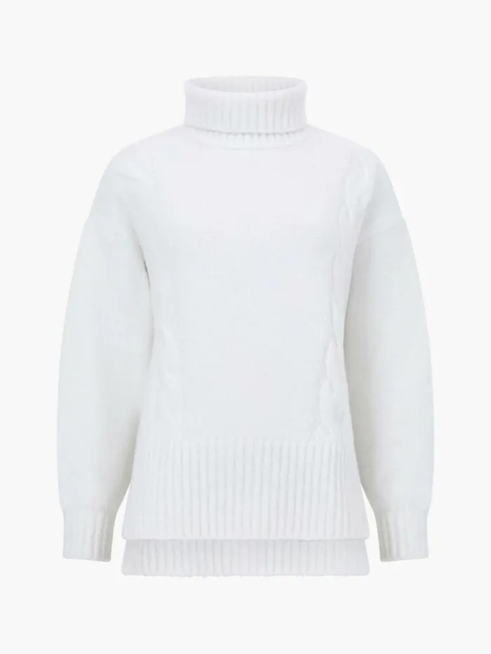 French Connection Funnel Neck Stepped Hem Cable Knit Jumper Winter White Women Jumpers and Cardigans