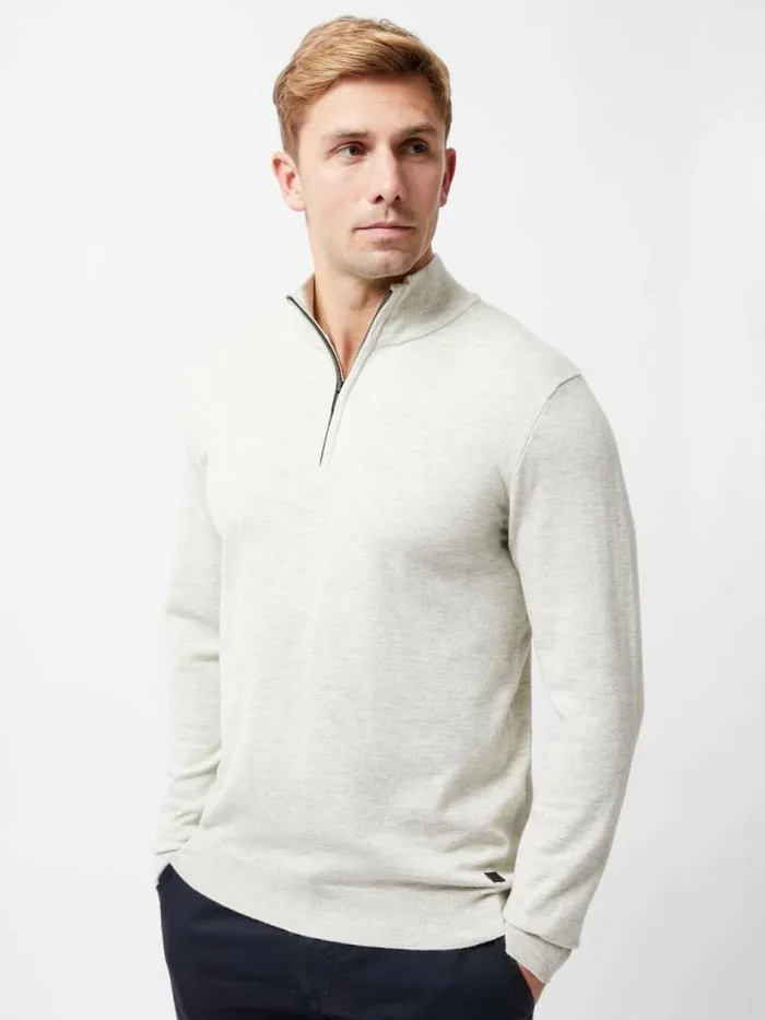 French Connection Half Zip Knitted Jumper Oatmeal Men Knitwear