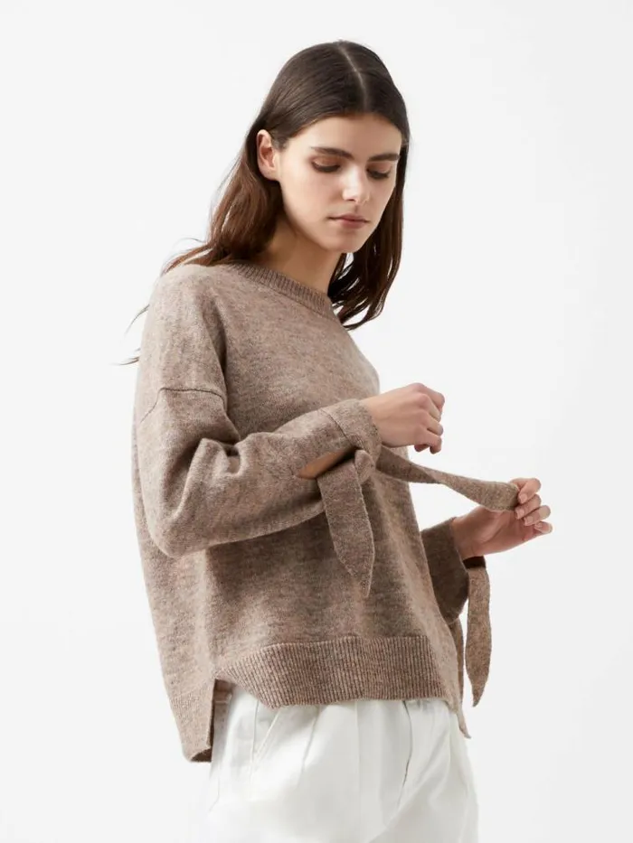 French Connection Kezia Recycled Tie Up Sleeve Jumper Taupe Mel Women Jumpers and Cardigans French Connection Kezia Recycled Tie Up Sleeve Jumper Taupe Mel Women Jumpers and Cardigans