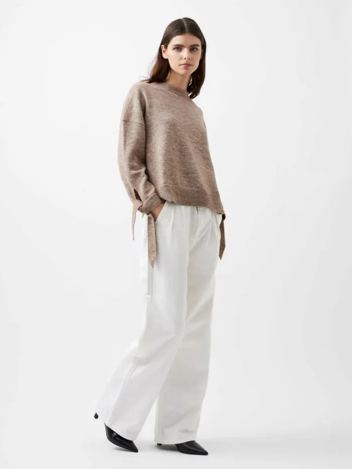 French Connection Kezia Recycled Tie Up Sleeve Jumper Taupe Mel Women Jumpers and Cardigans
