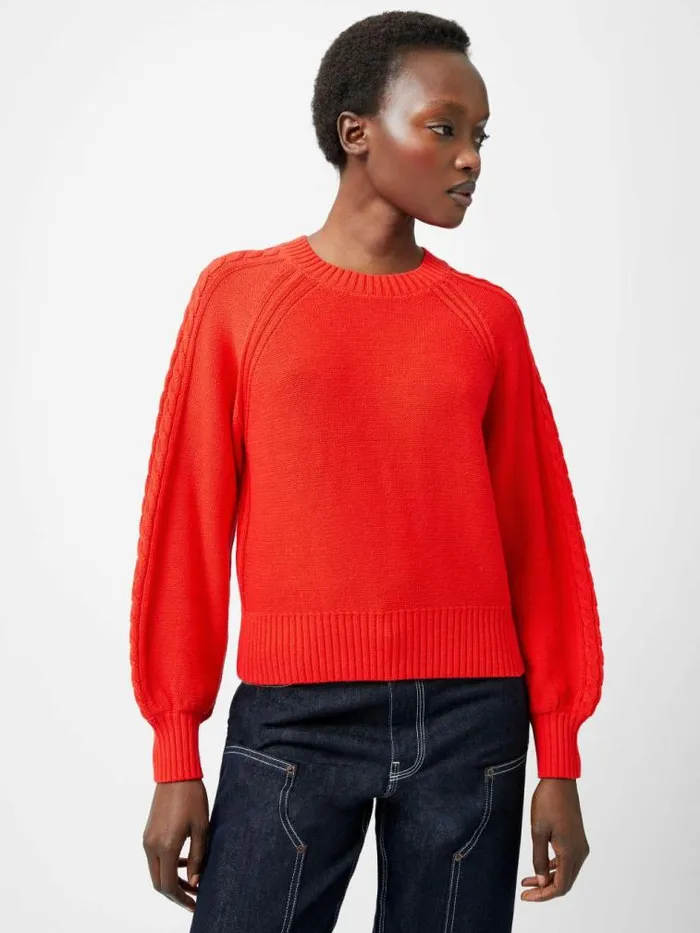 French Connection Lily Cable Knit Balloon Sleeve Jumper Scarlet Red Women Jumpers and Cardigans
