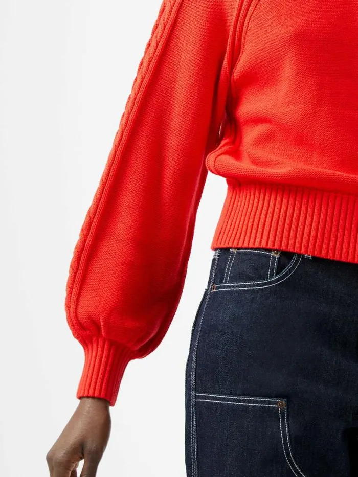French Connection Lily Cable Knit Balloon Sleeve Jumper Scarlet Red Women Jumpers and Cardigans