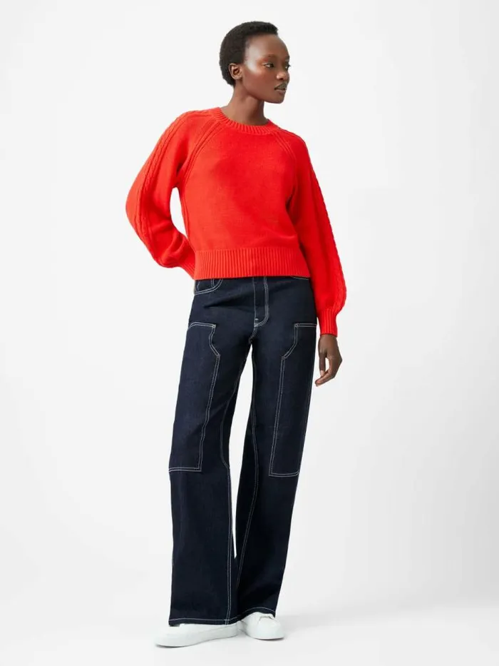 French Connection Lily Cable Knit Balloon Sleeve Jumper Scarlet Red Women Jumpers and Cardigans