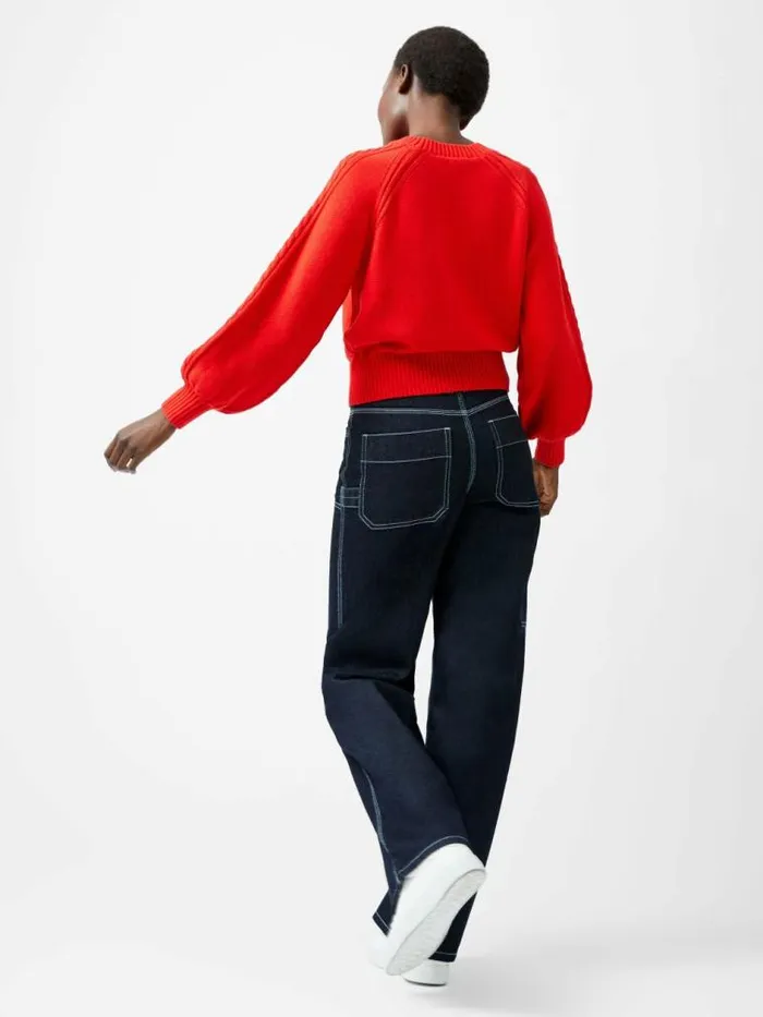 French Connection Lily Cable Knit Balloon Sleeve Jumper Scarlet Red Women Jumpers and Cardigans
