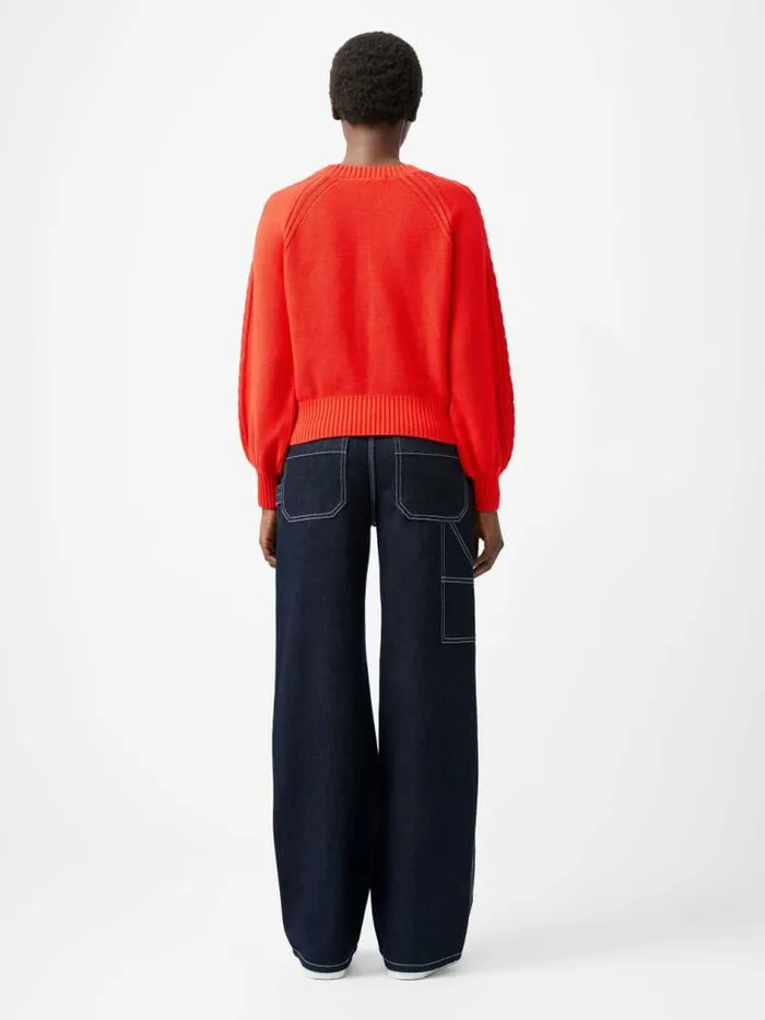 French Connection Lily Cable Knit Balloon Sleeve Jumper Scarlet Red Women Jumpers and Cardigans