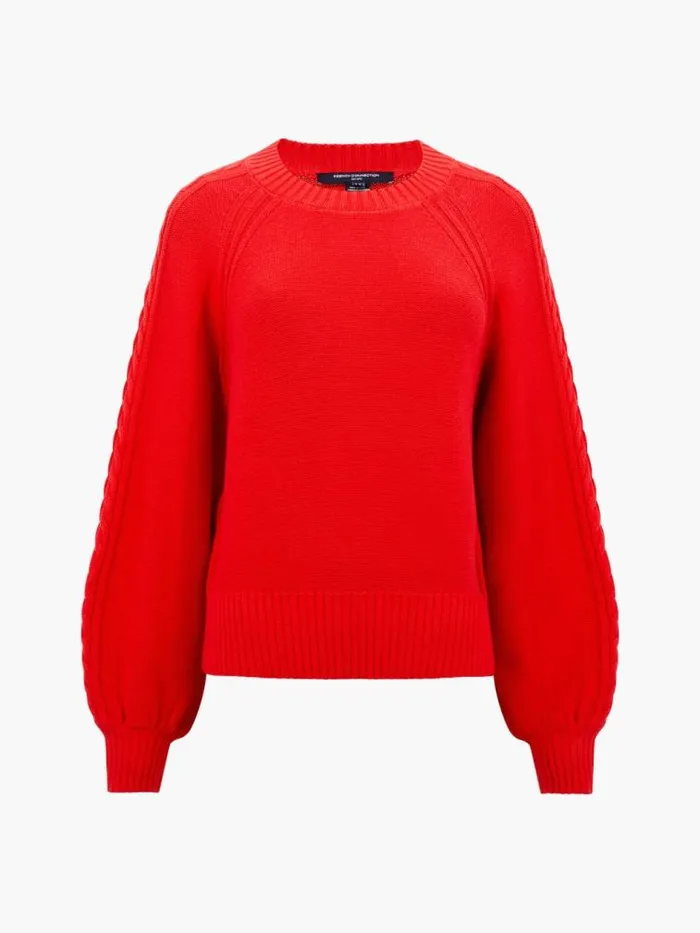French Connection Lily Cable Knit Balloon Sleeve Jumper Scarlet Red Women Jumpers and Cardigans