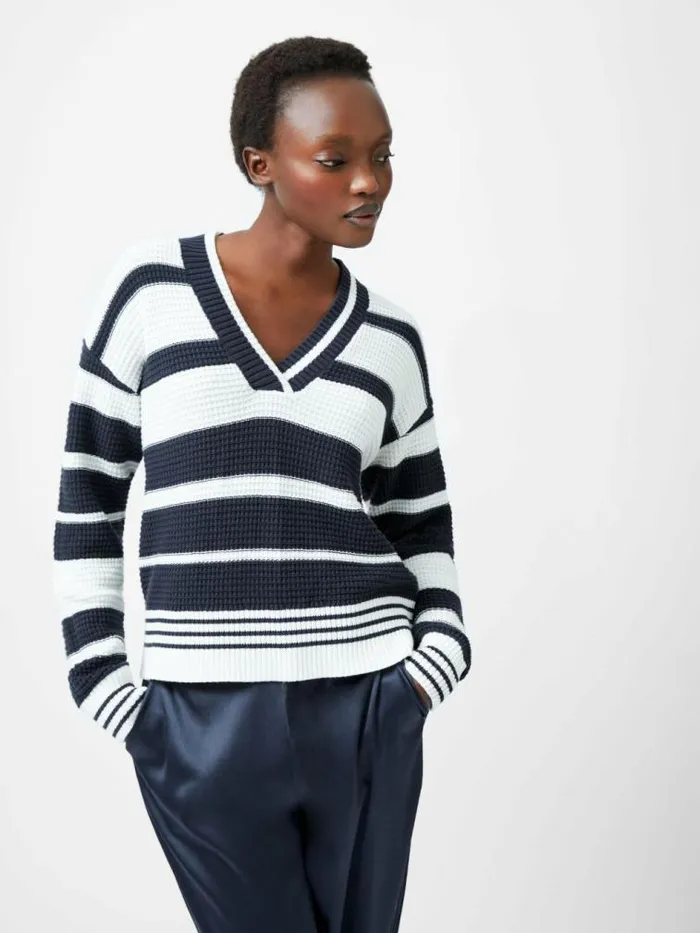 French Connection Lily Mozart Striped Varsity VNeck Jumper Navysummer White Women Jumpers and Cardigans French Connection Lily Mozart Striped Varsity VNeck Jumper Navysummer White Women Jumpers and Cardigans