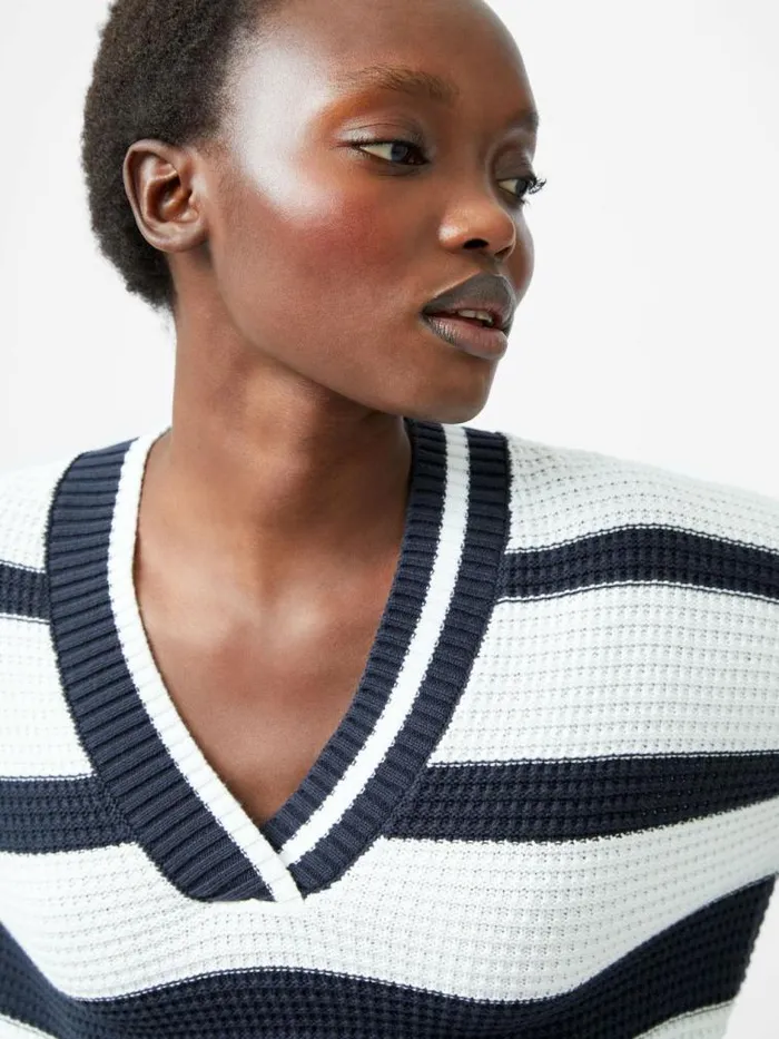 French Connection Lily Mozart Striped Varsity VNeck Jumper Navysummer White Women Jumpers and Cardigans