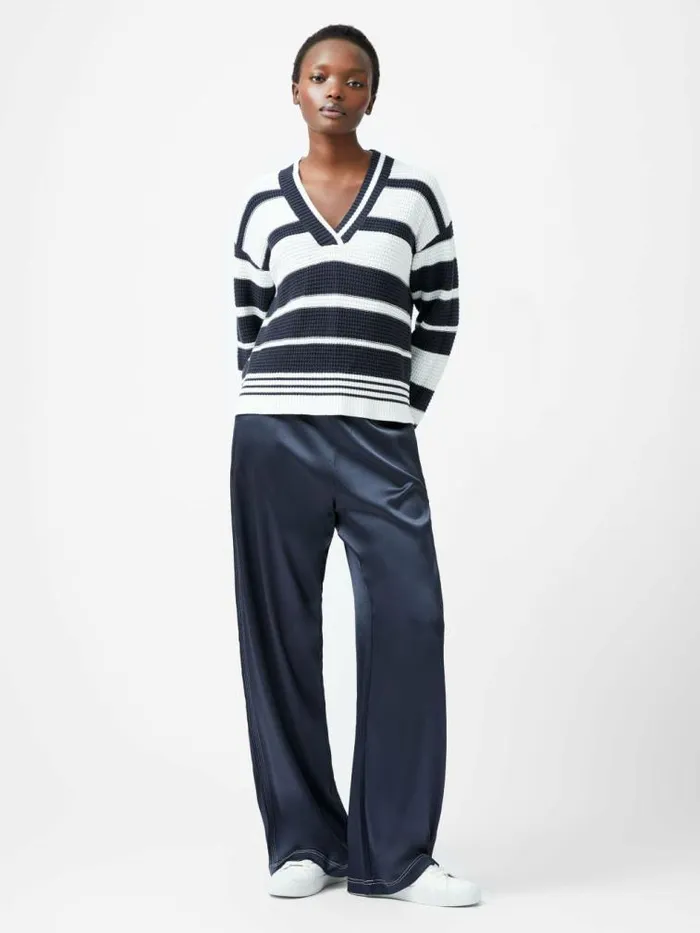 French Connection Lily Mozart Striped Varsity VNeck Jumper Navysummer White Women Jumpers and Cardigans