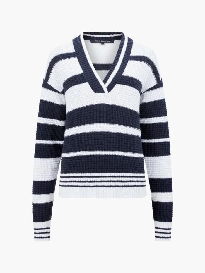 French Connection Lily Mozart Striped Varsity VNeck Jumper Navysummer White Women Jumpers and Cardigans