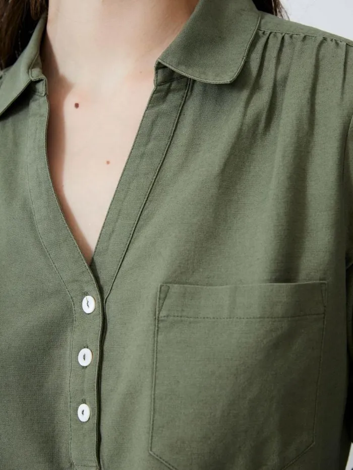 French Connection Linen Blend Vee Placket Top Khaki Women Tops