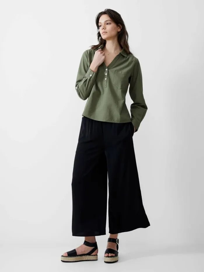French Connection Linen Blend Vee Placket Top Khaki Women Tops