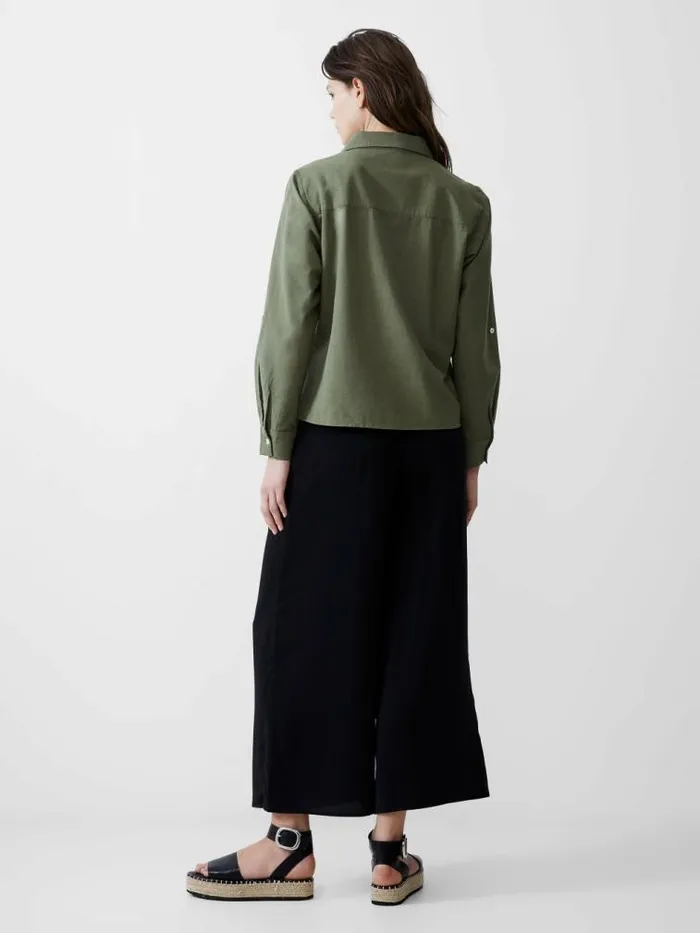 French Connection Linen Blend Vee Placket Top Khaki Women Tops