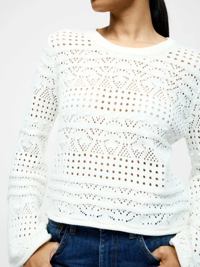 French Connection Long Sleeve Crochet Bobble Knit Jumper Summer White Women Jumpers and Cardigans