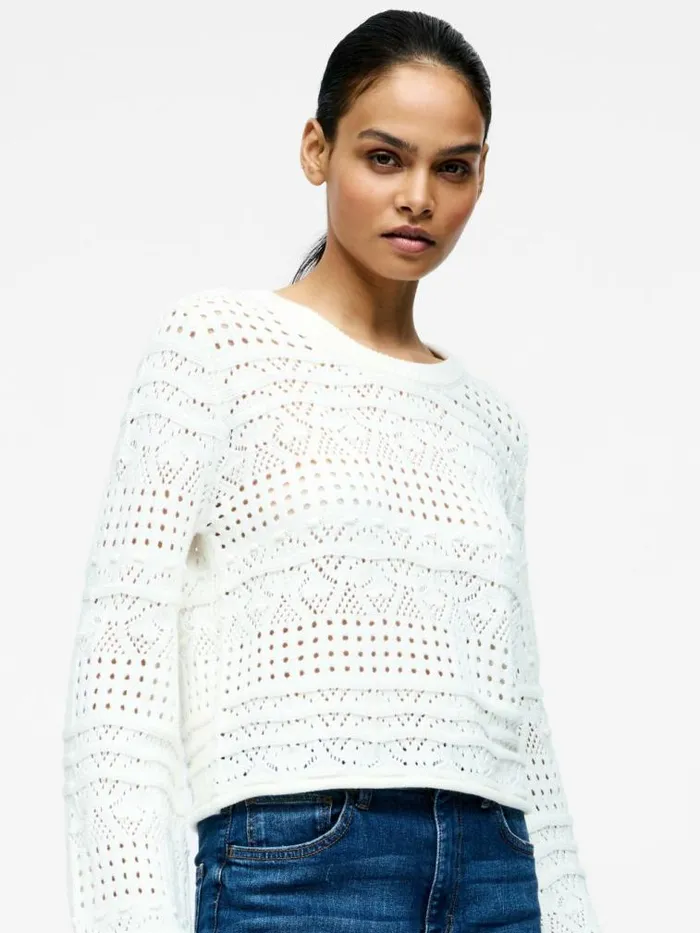 French Connection Long Sleeve Crochet Bobble Knit Jumper Summer White Women Jumpers and Cardigans