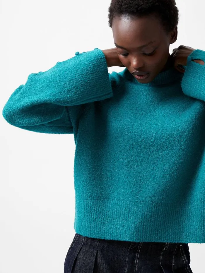 French Connection Melissa Boucle Button Detail Sleeve Jumper Dark Teal Women Jumpers and Cardigans